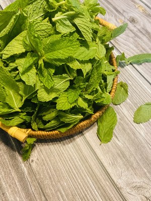 step1,新鲜可食用薄荷,摘取叶片,洗干净平铺晾干水分